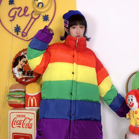 Rainbow contrast color thick long-sleeved cotton coat women's jacket
