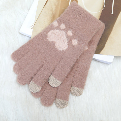 Autumn And Winter Contrast Color Cute Plus Velvet Knitted Gloves Women