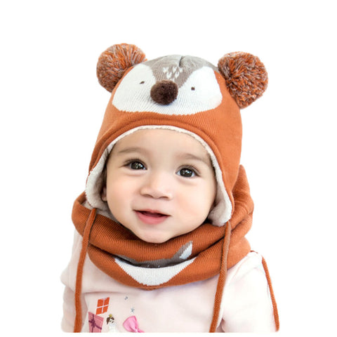 Autumn Winter Children Plus Velvet Hat Scarf Set Baby Lovely Cartoon Fox Print Knitted Hat Kids Collar Boy Girl Neck Warmer
