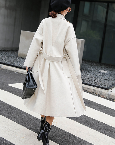 Double-breasted simple temperament solid color wild long woolen coat