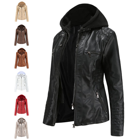 PU Leather Jacket Woman 2022 Hooded Fur Lining Coat Female Slim Women's Leather Motorcycle Hoodies