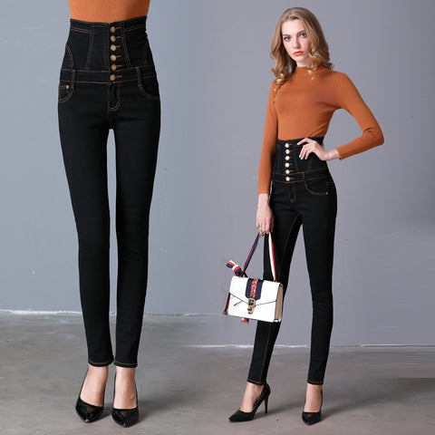 2021 spring new black high waist large size pants Pants small feet jeans slim jeans long pants