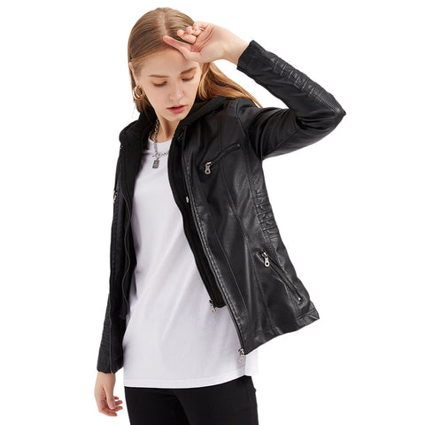 PU Leather Jacket Woman 2022 Hooded Fur Lining Coat Female Slim Women's Leather Motorcycle Hoodies