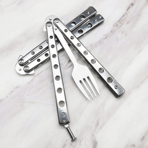 Butterfly Cutlery Knife Folding Spoon Fork Balisong Training Spoon Fork Butterfly Knife Trainer Outdoor Camping Tableware Kitchen Tool