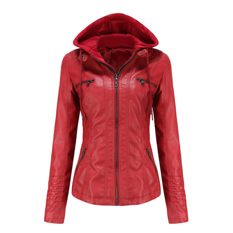 PU Leather Jacket Woman 2022 Hooded Fur Lining Coat Female Slim Women's Leather Motorcycle Hoodies