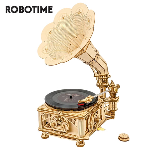 Robotime ROKR Hand Crank Classic Gramophone DIY Wooden Puzzle Model Building Kits Assembly Toy Gift for Children LKB01 Dropship