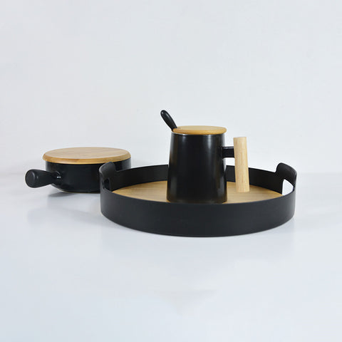 Nordic Style Pure Color Belt Handle Bamboo Storage Tray Sundries Fruit Tray Tea Tray Coffee Cup Afternoon Tea Set