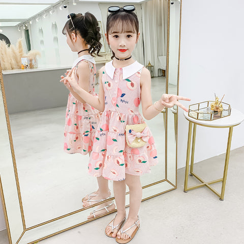 Cute Printed Floral Dress Doll Collar Sleeveless Princess Dress