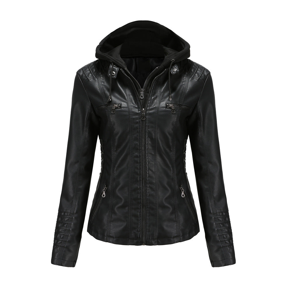PU Leather Jacket Woman 2022 Hooded Fur Lining Coat Female Slim Women's Leather Motorcycle Hoodies