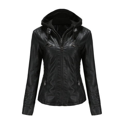 PU Leather Jacket Woman 2022 Hooded Fur Lining Coat Female Slim Women's Leather Motorcycle Hoodies