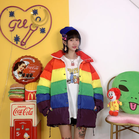 Rainbow contrast color thick long-sleeved cotton coat women's jacket