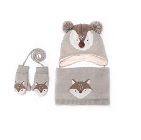 Autumn Winter Children Plus Velvet Hat Scarf Set Baby Lovely Cartoon Fox Print Knitted Hat Kids Collar Boy Girl Neck Warmer