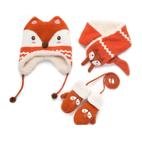 Autumn Winter Children Plus Velvet Hat Scarf Set Baby Lovely Cartoon Fox Print Knitted Hat Kids Collar Boy Girl Neck Warmer