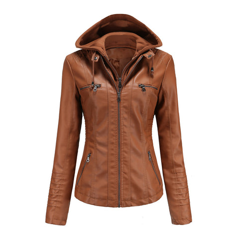 PU Leather Jacket Woman 2022 Hooded Fur Lining Coat Female Slim Women's Leather Motorcycle Hoodies