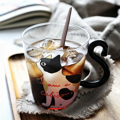 Kitchen Home Cute Cat Glass Juice Coffee Cup Milk Tea Coffee Glass Mug Cat Tail Handle Cat Valentine's Day Lover Gifts Stainless Spoon