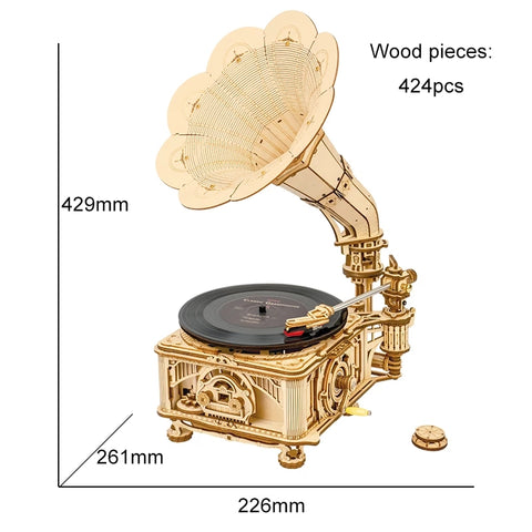 Robotime ROKR Hand Crank Classic Gramophone DIY Wooden Puzzle Model Building Kits Assembly Toy Gift for Children LKB01 Dropship