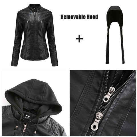 PU Leather Jacket Woman 2022 Hooded Fur Lining Coat Female Slim Women's Leather Motorcycle Hoodies