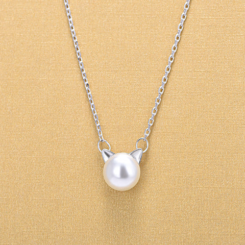 Sweet And Lovely Pearl Cat Ears Plated Platinum Short Necklace Temperament Kitten Clavicle Chain