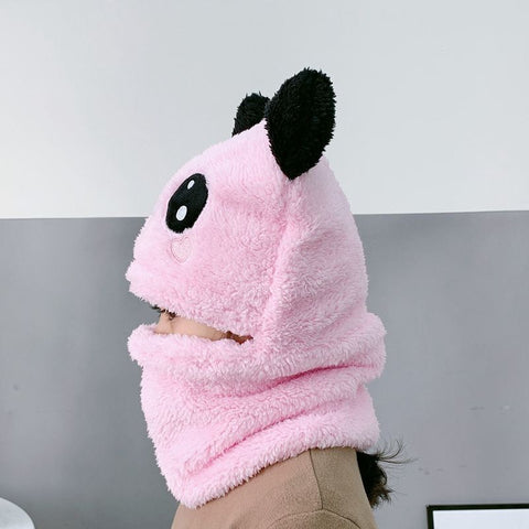 Autumn And Winter Cute Panda Head Hat Children Cartoon Scarf Hat Two-piece Double Fleece Warmth Boy Girl Child Parent-child Baby Hat