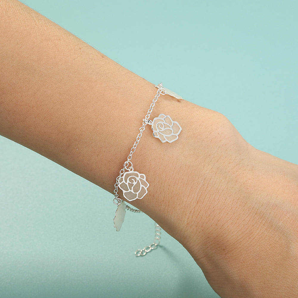 Round rose flower, copper slice, silver bracelet