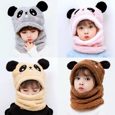 Autumn And Winter Cute Panda Head Hat Children Cartoon Scarf Hat Two-piece Double Fleece Warmth Boy Girl Child Parent-child Baby Hat