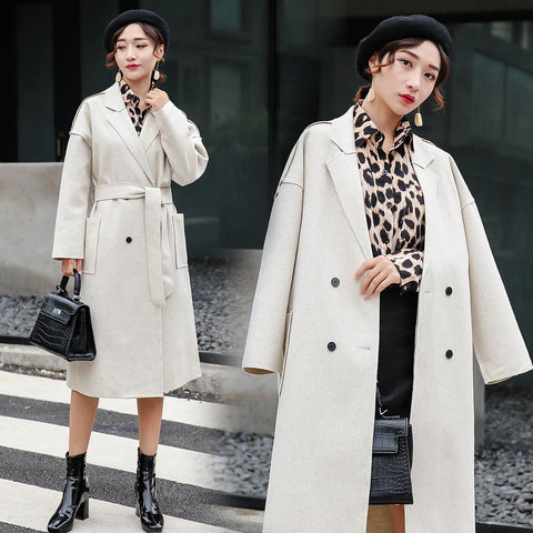 Double-breasted simple temperament solid color wild long woolen coat
