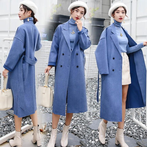 Double-breasted simple temperament solid color wild long woolen coat