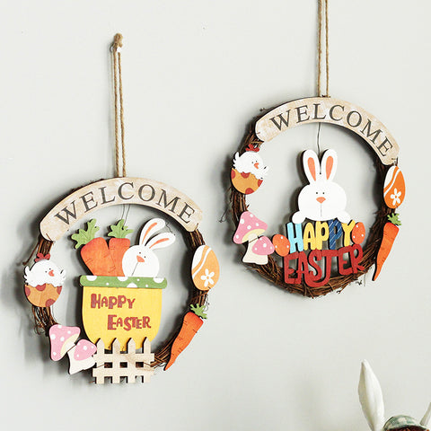 Wooden Rabbit Easter Egg Garland Pendant Wall Hanging Door Hanging