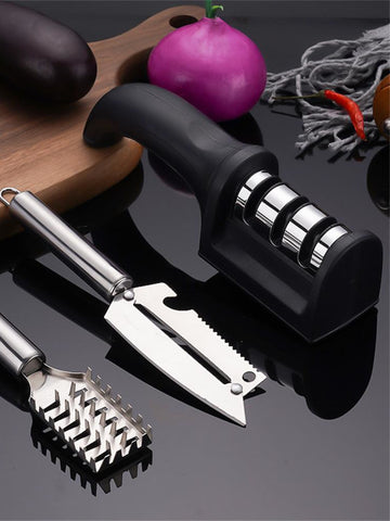 Kitchen 3-Segment Knife Sharpener Household Multi-Functional Hand-Held Three-Purpose Black Sharpening Stone
