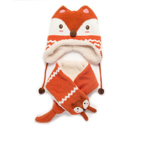 Autumn Winter Children Plus Velvet Hat Scarf Set Baby Lovely Cartoon Fox Print Knitted Hat Kids Collar Boy Girl Neck Warmer