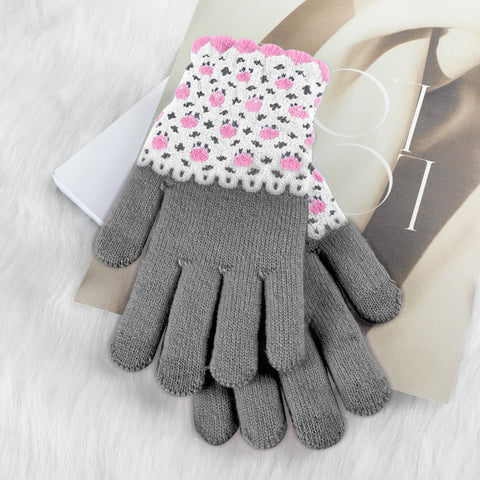 Autumn And Winter Contrast Color Cute Plus Velvet Knitted Gloves Women