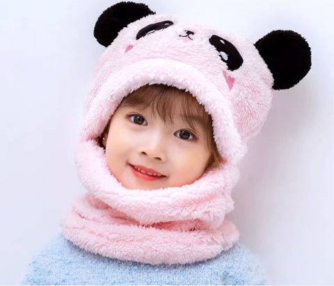 Autumn And Winter Cute Panda Head Hat Children Cartoon Scarf Hat Two-piece Double Fleece Warmth Boy Girl Child Parent-child Baby Hat
