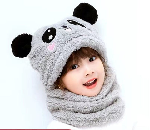 Autumn And Winter Cute Panda Head Hat Children Cartoon Scarf Hat Two-piece Double Fleece Warmth Boy Girl Child Parent-child Baby Hat
