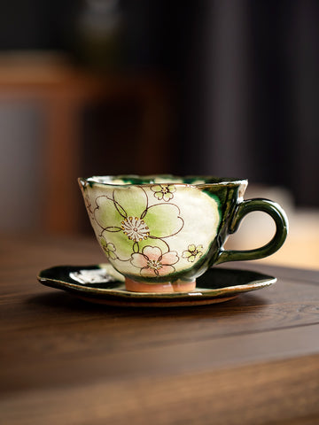 Ceramic Tea Cup Set Vintage Oribe Cherry Blossom Coffee Cup