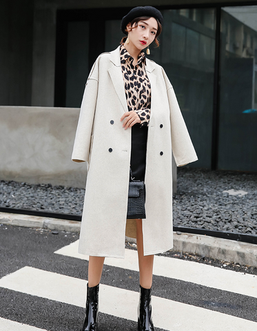 Double-breasted simple temperament solid color wild long woolen coat