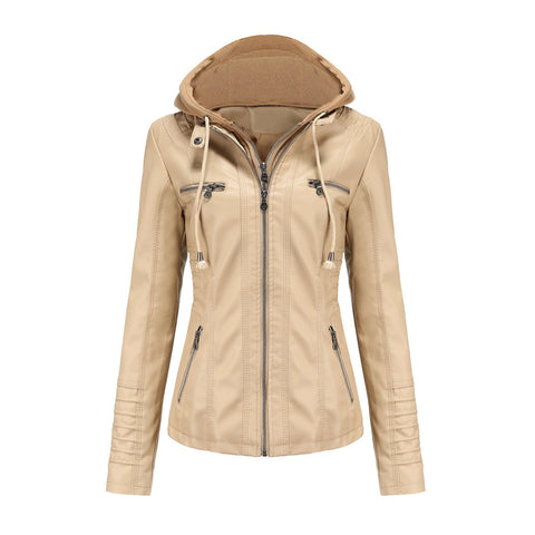 PU Leather Jacket Woman 2022 Hooded Fur Lining Coat Female Slim Women's Leather Motorcycle Hoodies