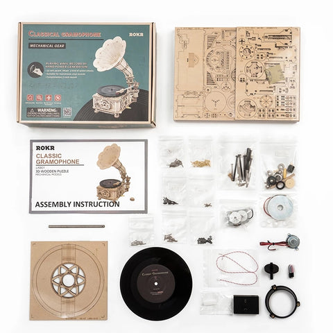 Robotime ROKR Hand Crank Classic Gramophone DIY Wooden Puzzle Model Building Kits Assembly Toy Gift for Children LKB01 Dropship