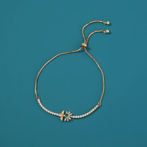 Copper Bee Chrysanthemum Gold Plated White Zircon Adjustable Pull Bracelet