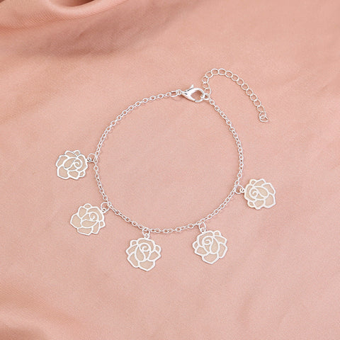 Round rose flower, copper slice, silver bracelet