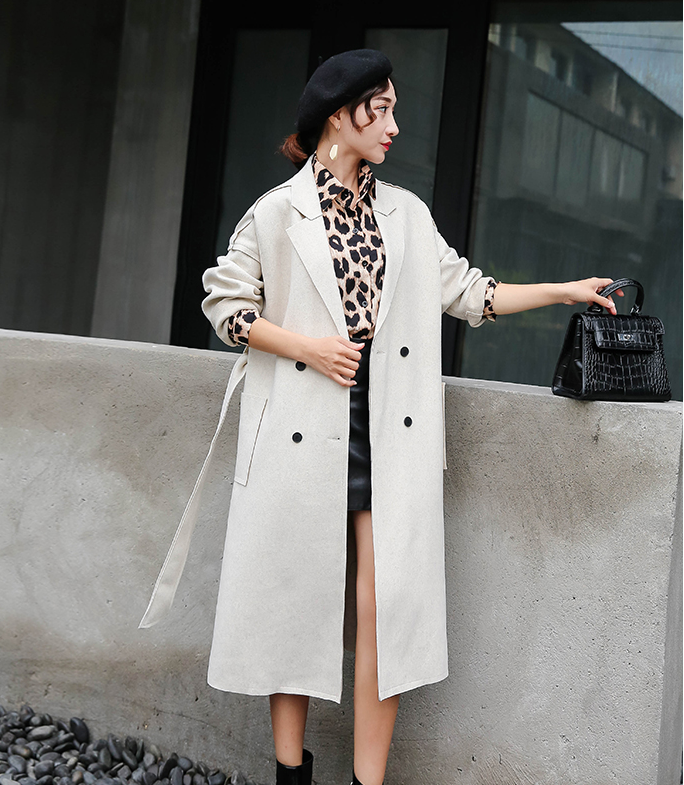 Double-breasted simple temperament solid color wild long woolen coat
