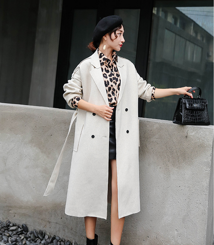 Double-breasted simple temperament solid color wild long woolen coat