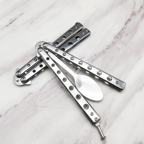 Butterfly Cutlery Knife Folding Spoon Fork Balisong Training Spoon Fork Butterfly Knife Trainer Outdoor Camping Tableware Kitchen Tool