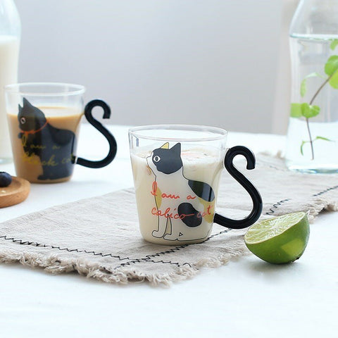 Kitchen Home Cute Cat Glass Juice Coffee Cup Milk Tea Coffee Glass Mug Cat Tail Handle Cat Valentine's Day Lover Gifts Stainless Spoon