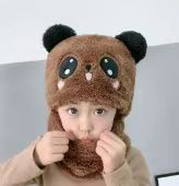 Autumn And Winter Cute Panda Head Hat Children Cartoon Scarf Hat Two-piece Double Fleece Warmth Boy Girl Child Parent-child Baby Hat