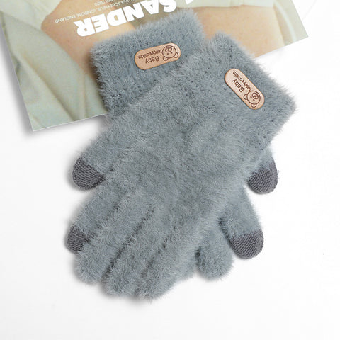 Autumn And Winter Contrast Color Cute Plus Velvet Knitted Gloves Women