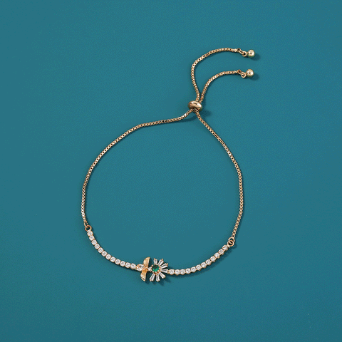Copper Bee Chrysanthemum Gold Plated White Zircon Adjustable Pull Bracelet