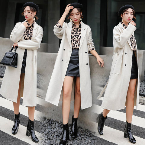 Double-breasted simple temperament solid color wild long woolen coat