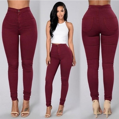 Casual Denim Pants For Women High Waist Stretch Slim Trouser Skinny Candy Color Jeans