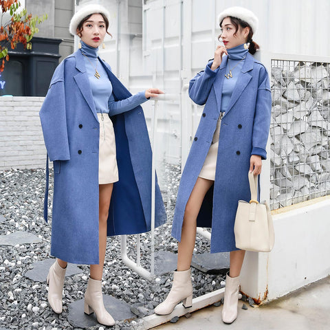 Double-breasted simple temperament solid color wild long woolen coat