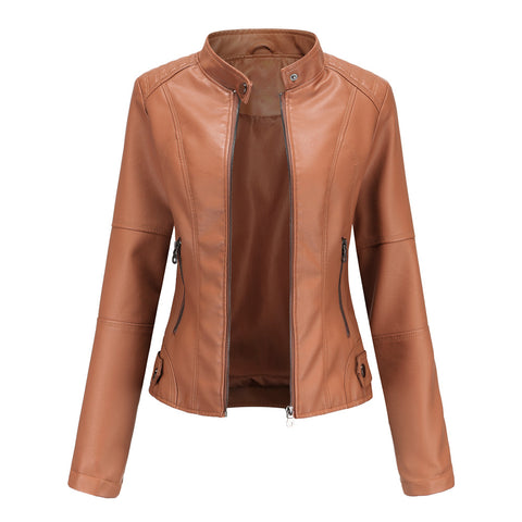 Faux Pu Leather Jackets Women Spring Autumn Outerwear Pocket Zipper Coat Slim Fitted Jacket Red Black Femme Clothing
